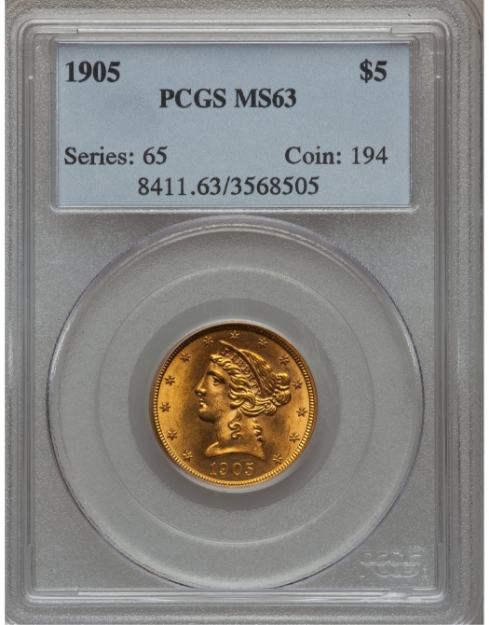 1905 $5 Liberty Half Eagle MS63